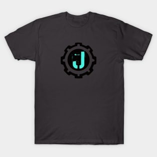 Ice Blue Letter J in a Black Industrial Cog T-Shirt